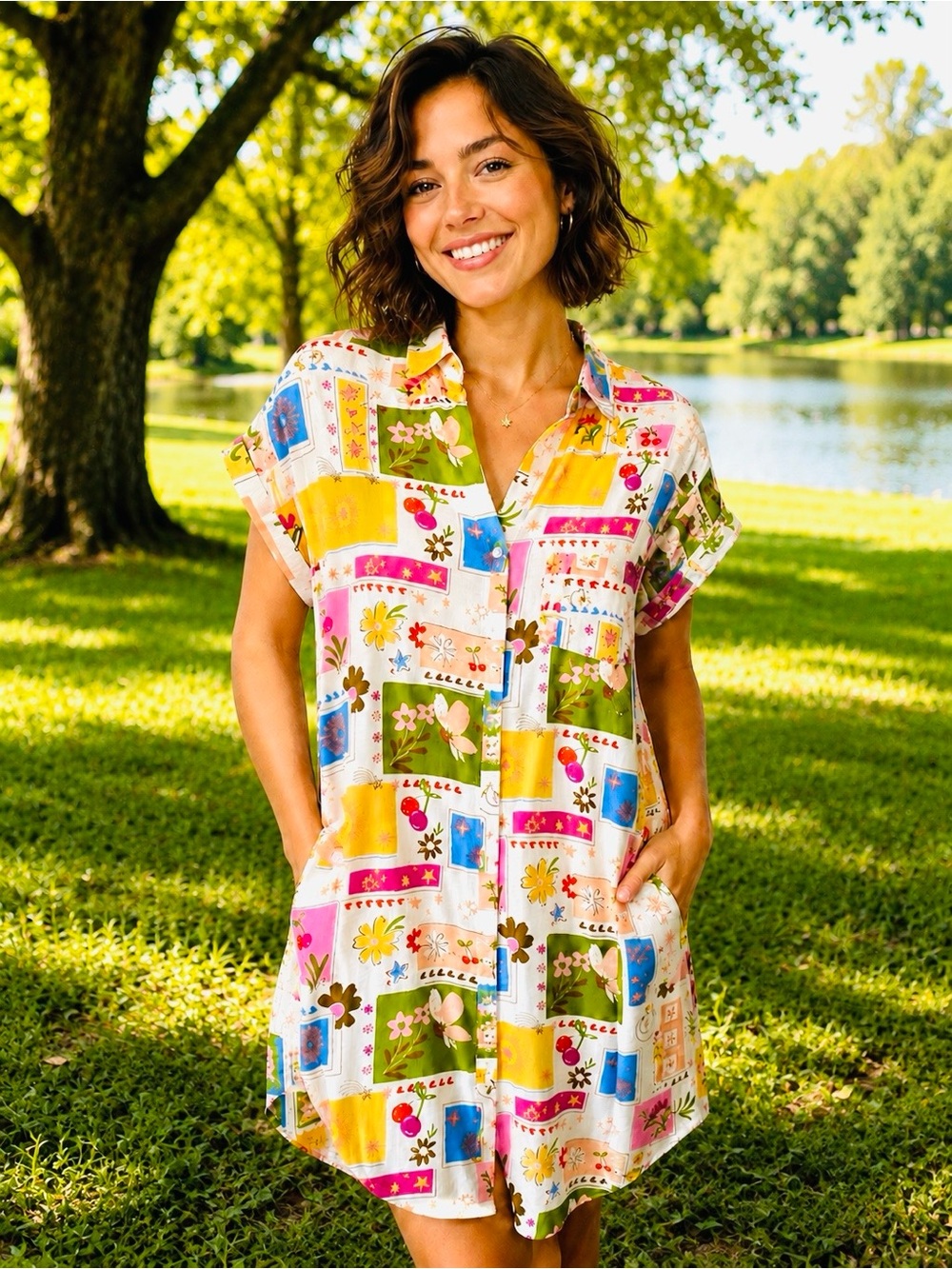 🌸 Ava & Grace Colorful Patchwork Shirt Dress – Size Small 🌸